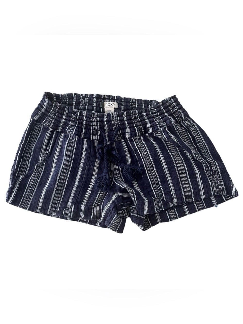 Roxy Womens XS Striped Drawstring Beach Shorts Blue White Boho Tassel
